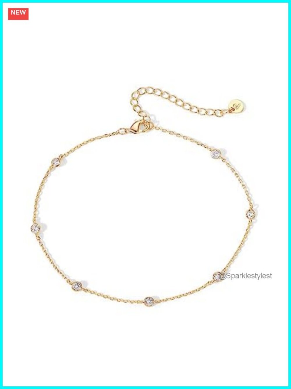 14K Gold Plated Anklet 9 Inch with 2 Inch Extender Cubic Zirconia Station Chain
